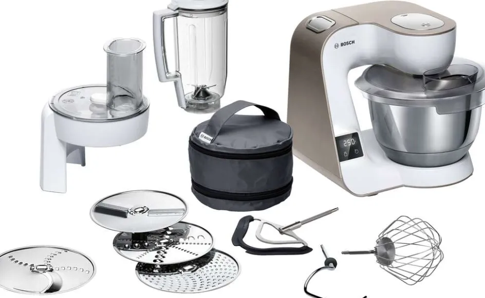 Hot Bosch Serie 4 Køkkenmaskine 1000W inkl. 10 stk. Tilbehør, Hvid/Champagne
