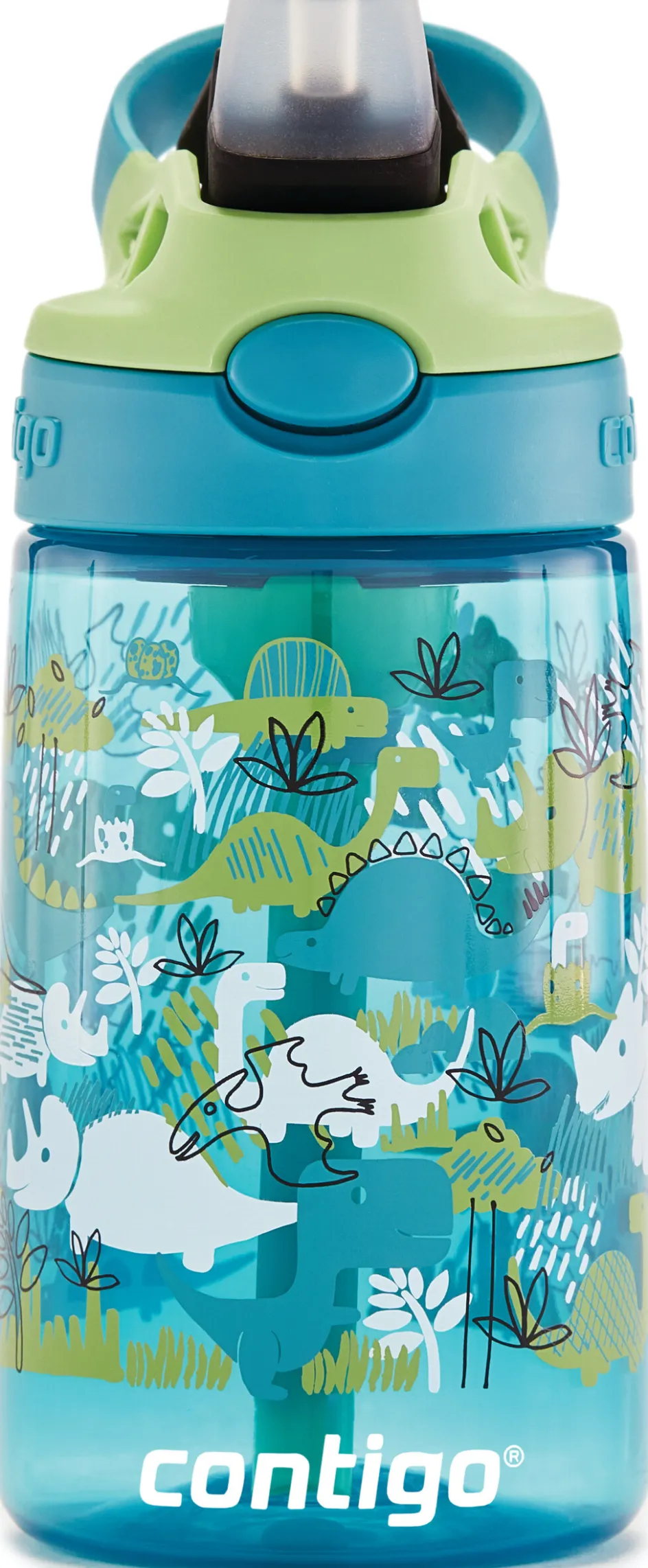 Hot Contigo Kids Easy Clean Drikkeflaske m. Sugerør 420 ml, Grønne Dinosaurer