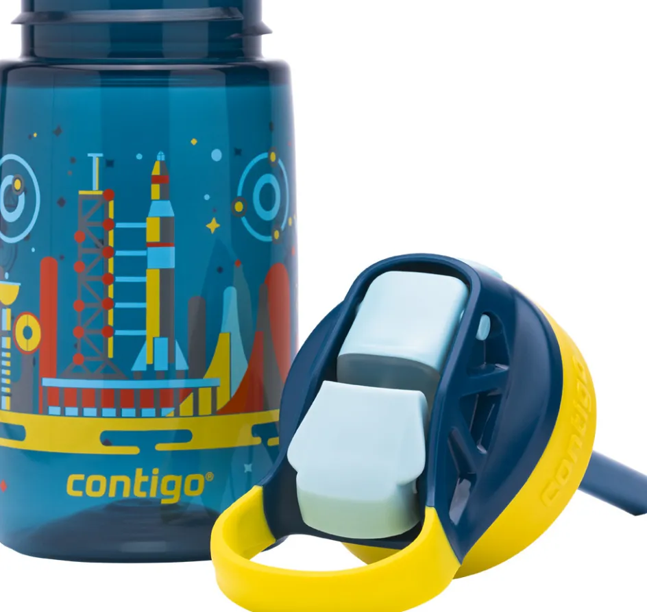 Clearance Contigo Kids Gizmo Drikkeflaske m. Sugerør 420 ml, Blå/Gul Raket