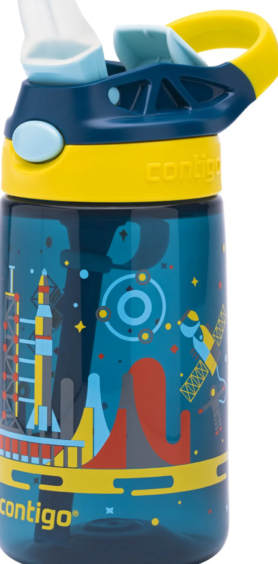 Clearance Contigo Kids Gizmo Drikkeflaske m. Sugerør 420 ml, Blå/Gul Raket