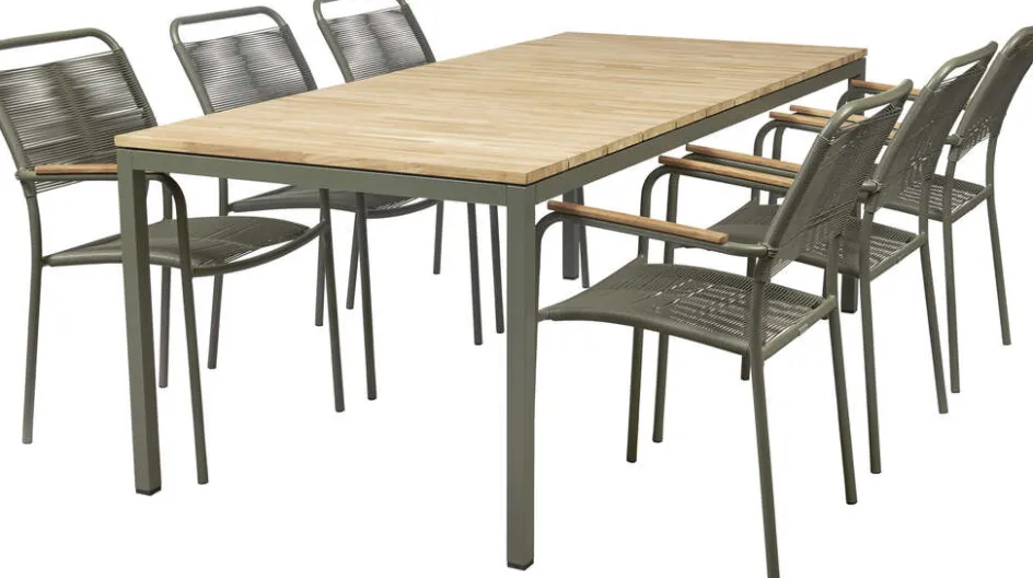 Discount Mandalay Havemøbelsæt m. Toscana Bord 197 cm og 6 Verona Stole, Teak/Olivengrøn