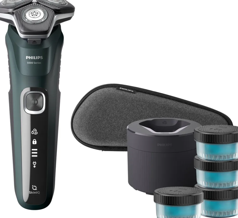 New Philips Series 5000 Wet and Dry Barbermaskine m. Rensekapsler og Etui, Mørkegrøn