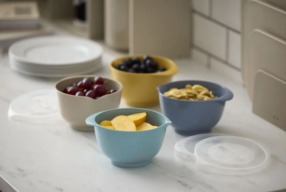 New Rosti Margrethe Røreskålesæt m. Låg 4 stk. 0,5 L, Humus/Curry/Dusty Blue/Nordic Green